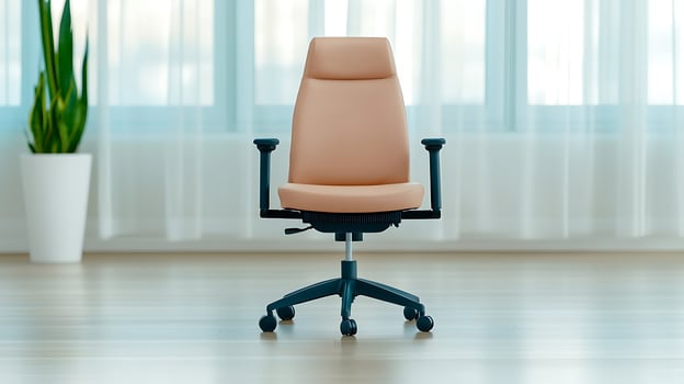 Modern ergonomic office chair in bright room with large windows and potted plant photo