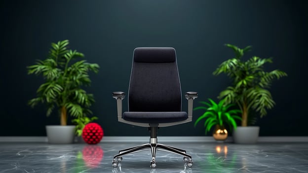 Modern ergonomic office chair positioned in a stylish workspace with decorative plants and background photo