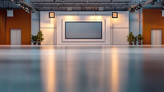 Modern exhibition hall with polished floor, large display screen, and greenery in the background photo