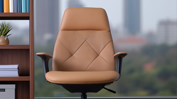 Modern ergonomic office chair positioned in a contemporary workspace with city view photo