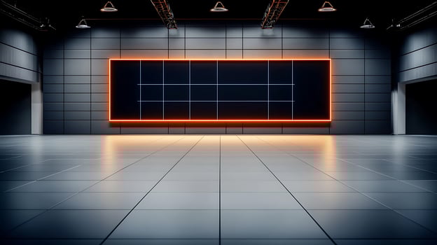 Modern exhibition hall with a large illuminated display panel and polished floor, ideal for events photo
