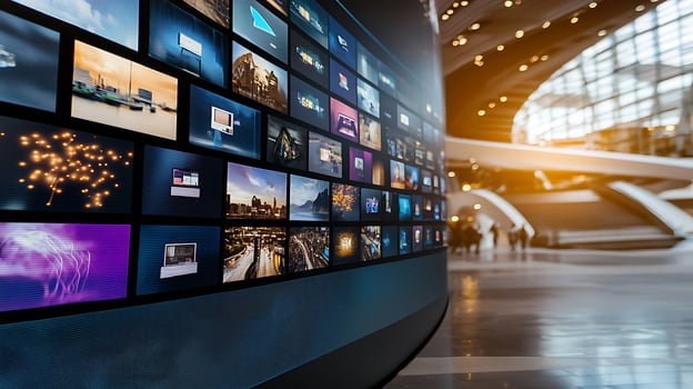 Modern exhibition space featuring digital screens displaying various images and videos in a bright atrium photo