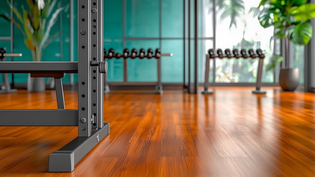 Modern fitness studio interior featuring weightlifting equipment and lush greenery photo