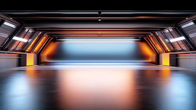 Modern futuristic interior showcasing sleek lines, vibrant lighting, and spacious design photo