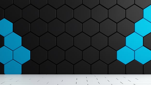 Modern geometric interior design featuring a hexagonal black and blue wall with a clean floor photo