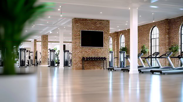 Modern gym interior featuring exercise equipment, large windows, and bright lighting photo