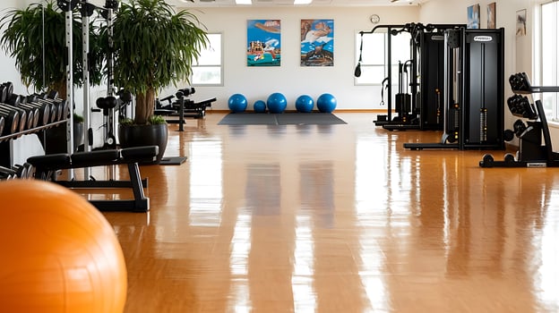 Modern gym interior featuring exercise equipment, fitness balls, and vibrant artwork photo