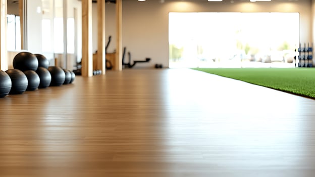 Modern gym interior featuring fitness equipment, wooden flooring, and green turf area photo