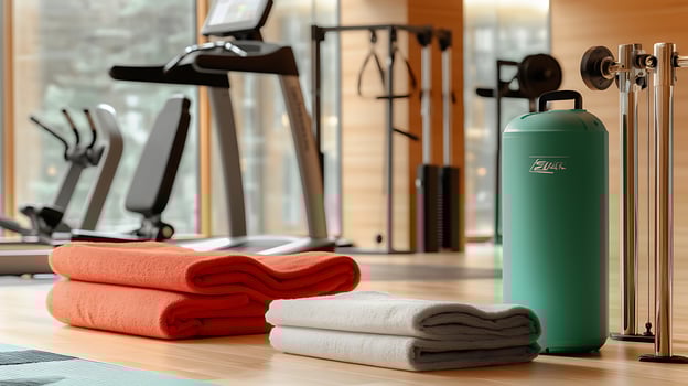 Modern gym interior featuring neatly stacked towels, fitness equipment, and natural light photo