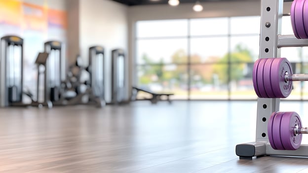 Modern gym interior featuring purple weights, fitness equipment, and large windows with natural light photo