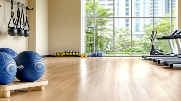 Modern gym interior showcasing exercise equipment, weights, and large windows with greenery outside photo