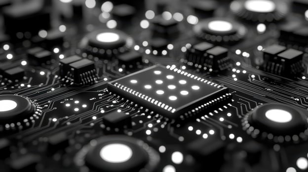 Illuminated CPU on circuit board tech background data processing photo