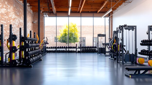 Modern gym interior showcasing fitness equipment and bright windows with outdoor greenery photo
