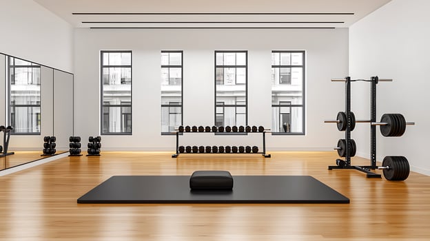 Modern gym interior showcasing workout space with weights, mirrors, and natural light photo