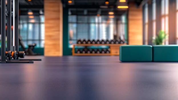 Modern gym interior with exercise equipment, weights, and vibrant natural lighting in the background photo