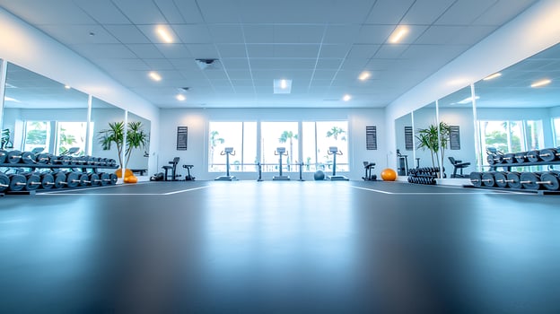 Modern gym interior with fitness equipment, large windows, and tropical plants in the background photo