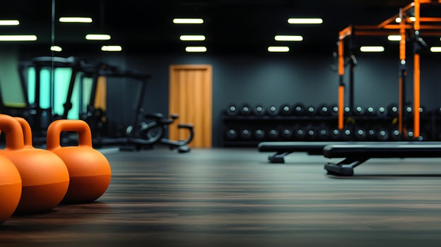 Modern gym interior with kettlebells, exercise equipment, and weights in a well-lit space photo