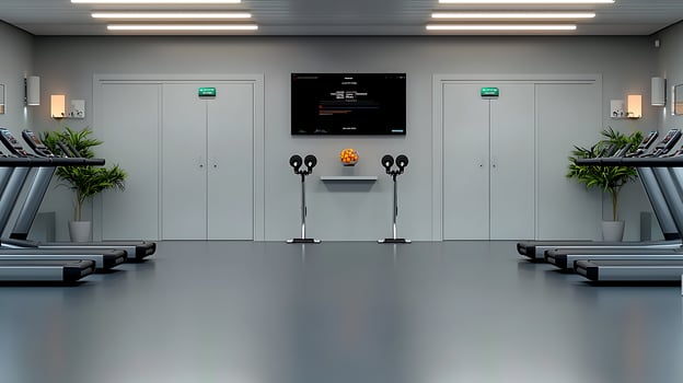 Modern gym interior with treadmills, weights, and motivational screen in a sleek environment photo