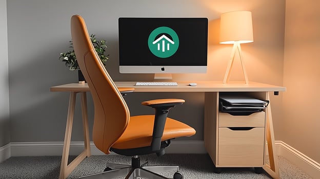 Modern home office setup featuring an ergonomic chair and a computer with a logo on the screen photo