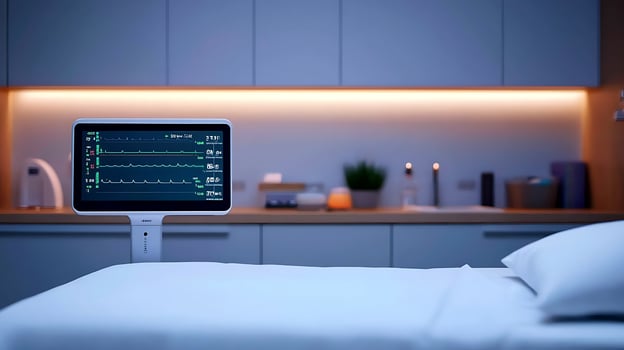 Modern hospital room with a patient monitor displaying vital signs and a serene background photo
