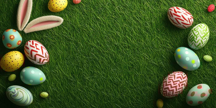 Colorful Easter eggs and bunny ears arranged on green grass background for spring celebration photo
