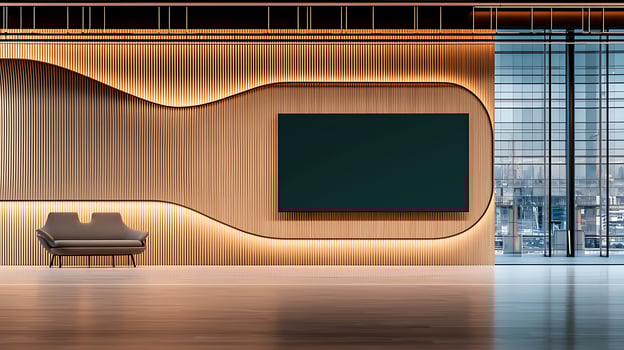 Modern interior design featuring a sleek sofa and a large blank screen in a stylish office space photo