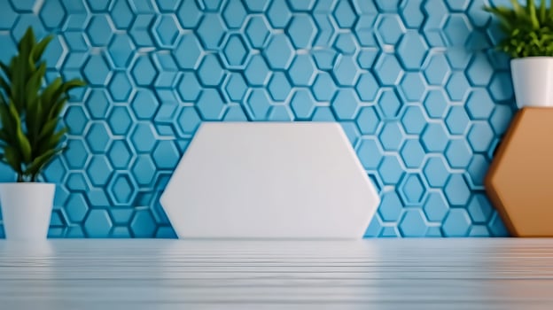 Modern interior design featuring hexagonal wall panels, potted plants, and a minimalist table photo