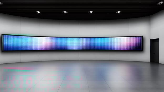 Modern interior featuring a large curved screen displaying vibrant colors in a minimalistic space photo