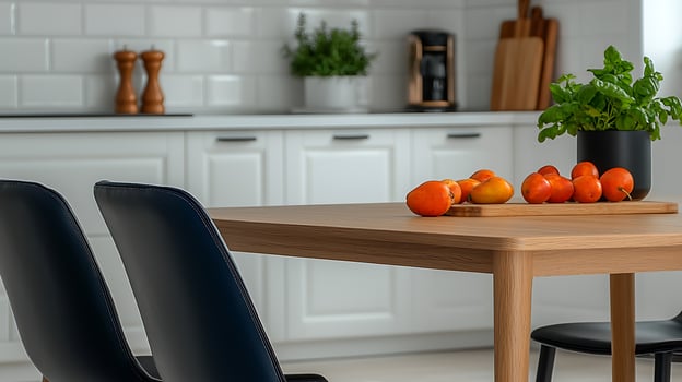 Modern kitchen interior featuring a wooden table with fresh fruits, coffee maker, and plants photo