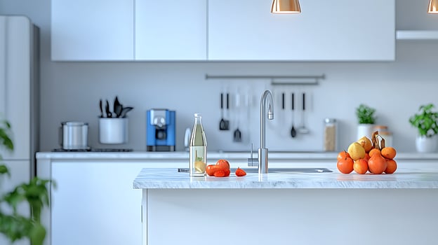 Modern kitchen interior showcasing fresh fruits on a marble island with appliances in background photo
