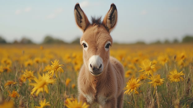 Adorable donkey foal in yellow flower field, sunny day, nature scene, spring photo