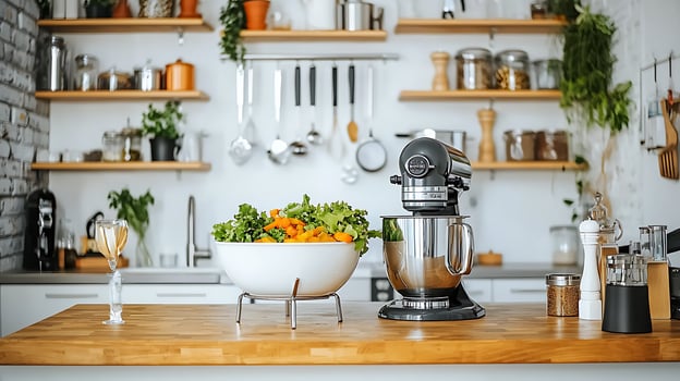 Modern kitchen with fresh vegetables in a bowl, mixer on counter, shelves with utensils photo