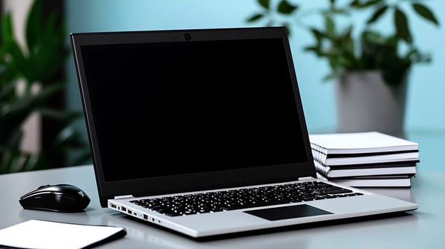Modern laptop on a sleek desk with stacked notebooks and greenery in a tranquil workspace photo
