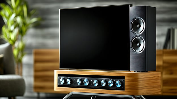 Modern living room featuring a sleek television on a stylish wooden stand with speakers photo