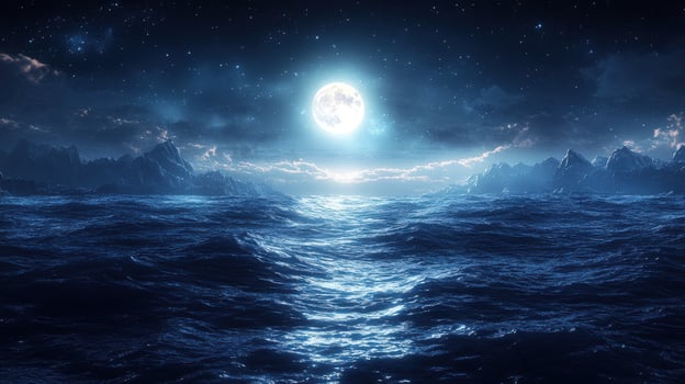A full moon over the ocean with waves and rocks photo