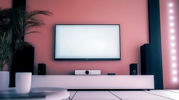 Modern living room featuring a sleek television setup with minimalist decor and plants photo