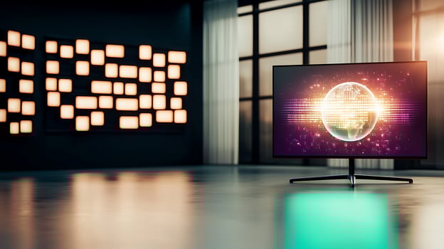 Modern living room with a sleek television displaying a glowing globe, illuminated by ambient light photo