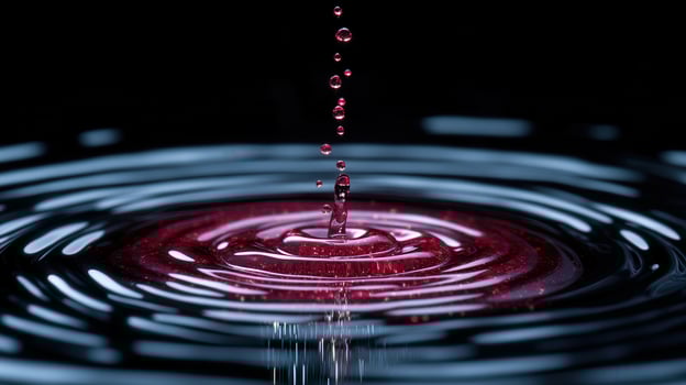 Red liquid drop impact, ripple effect, dark background, science photo