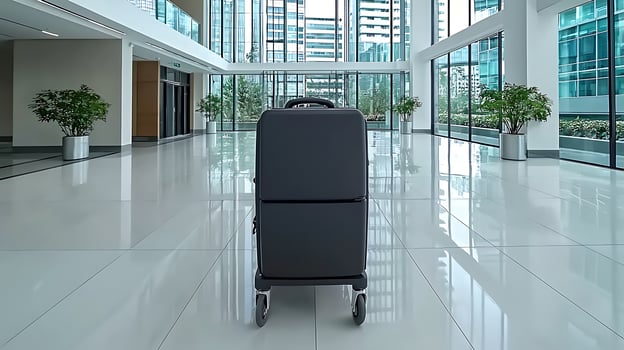 Modern lobby with a suitcase in the foreground, reflecting a busy urban environment outside photo