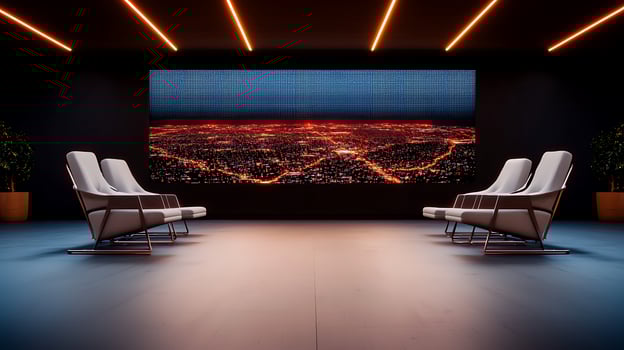 Modern lounge with sleek chairs facing a large screen displaying a cityscape at night photo