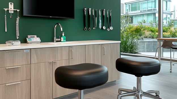 Modern medical office with sleek furniture, tools hanging on the wall, and greenery outside photo