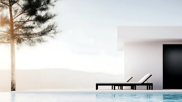 Modern minimalist poolside scene with lounge chairs, tree, and serene background landscape photo