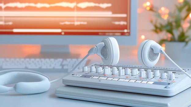 Modern music production setup featuring headphones, audio mixer, and a computer screen with waveforms photo