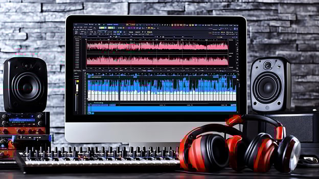 Modern music production setup featuring computer screen, audio equipment, and headphones photo