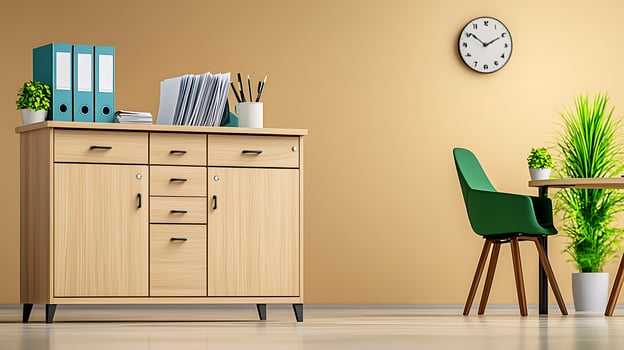 Modern office interior featuring a wooden cabinet, green chair, and plants in a bright setting photo