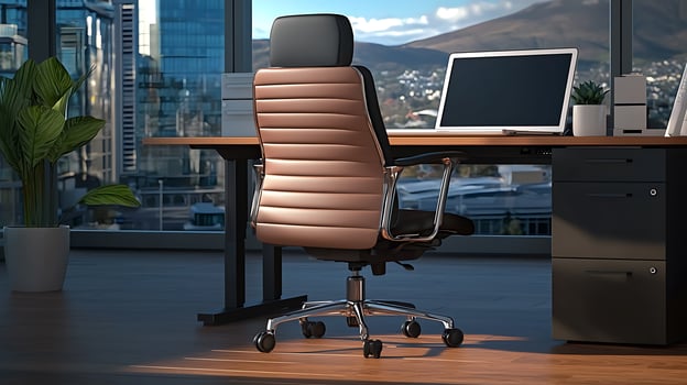 Modern office interior featuring an ergonomic chair with a city view and mountains in the background photo