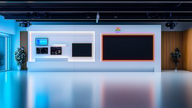 Modern office interior showcasing sleek design with digital displays and ambient lighting photo