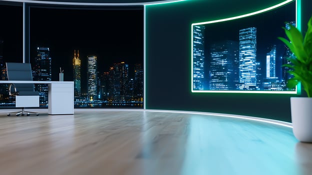 Modern office interior with a city skyline view at night, featuring sleek furniture and vibrant lighting photo