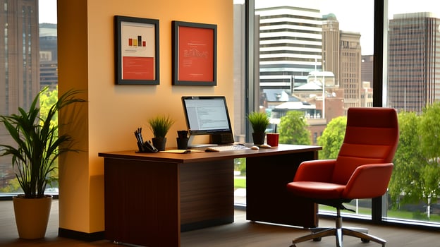 Modern office interior with a desk, computer, and vibrant city view through large windows photo