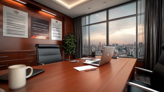 Modern office interior with a view of the city skyline at sunset, featuring sleek furniture and decor photo